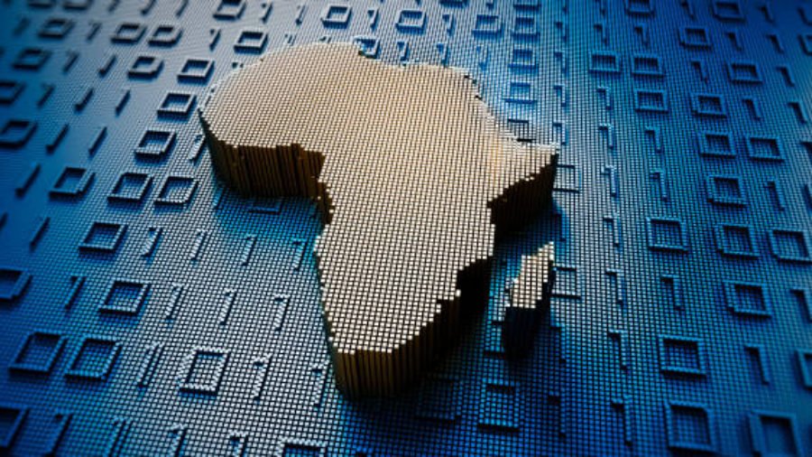 African map in a digital raster micro structure - technology and data concept